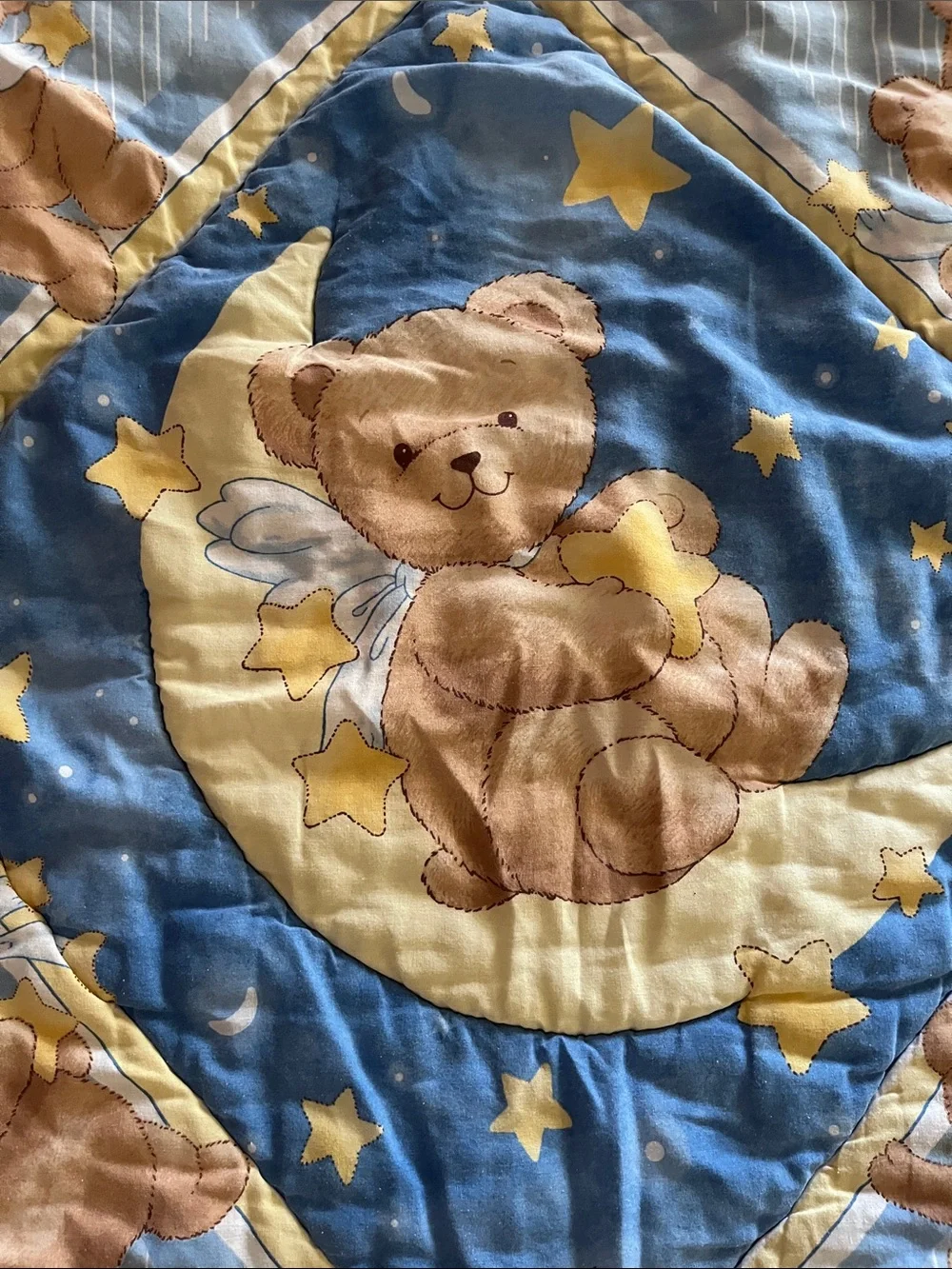 90’s Celestial Angel Teddy Bear Moon and Stars Baby Quilt - Blue and Yellow